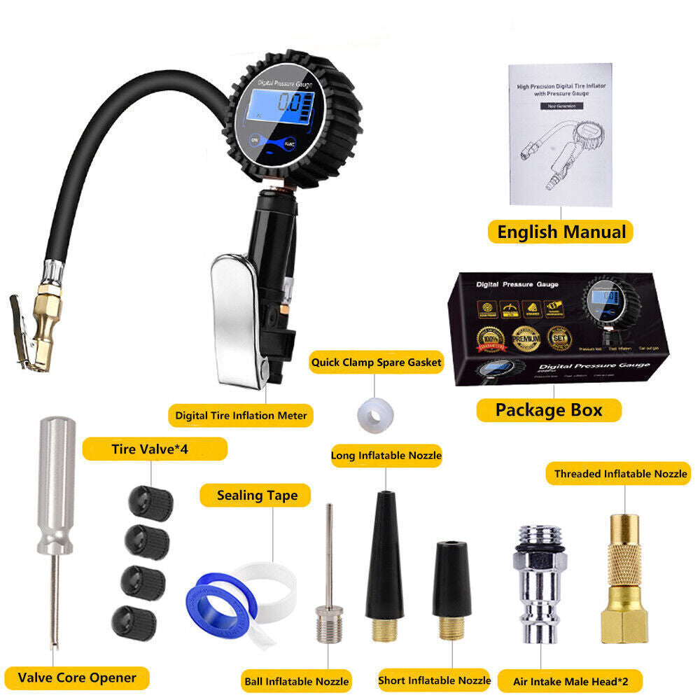 Digital Tyre Inflator Car Air Pressure Tire LED Gauge PSI Hose Car Motorcycle Truck