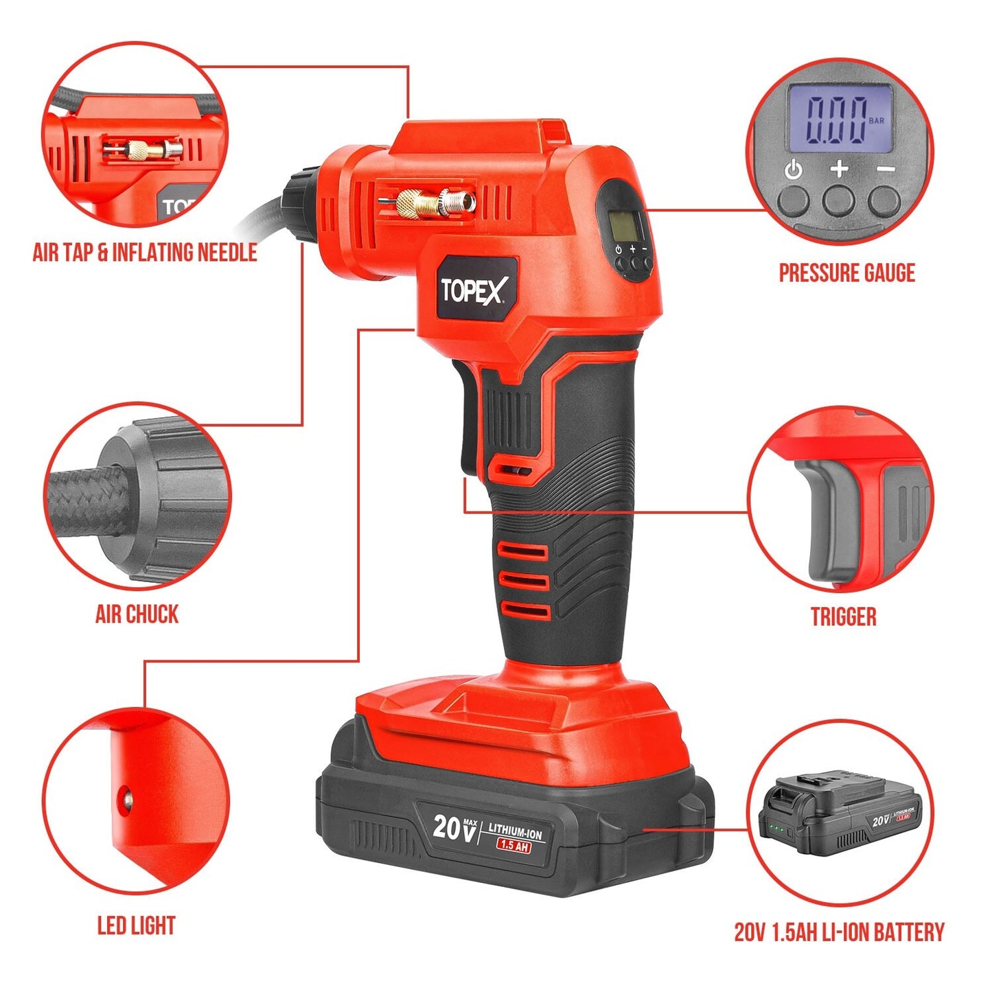 Air Compressor Car Tyre Inflator Digital Pressure Gauge LED Light Cordless 20V