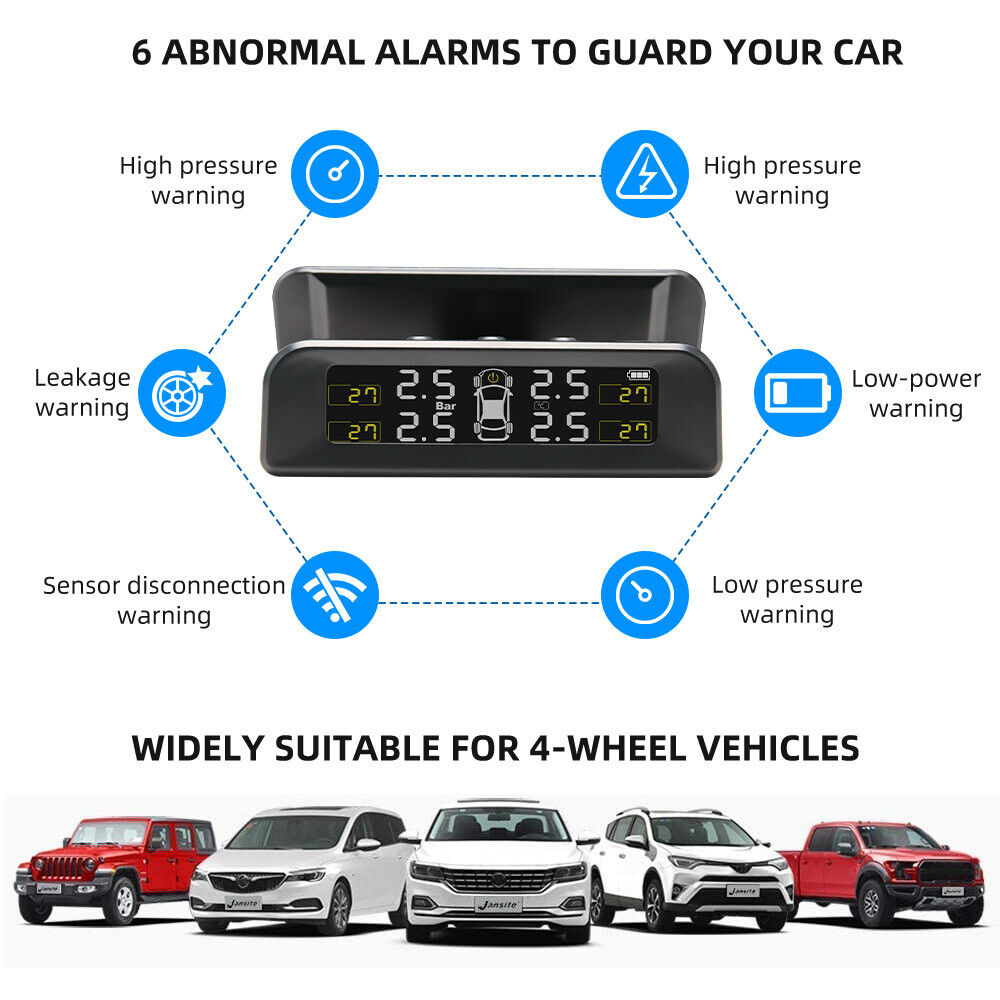 TPMS Car Tire Tyre Pressure Monitor System Solar Wireless + 4 Sensors