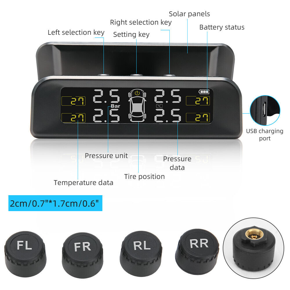 TPMS Car Tire Tyre Pressure Monitor System Solar Wireless + 4 Sensors