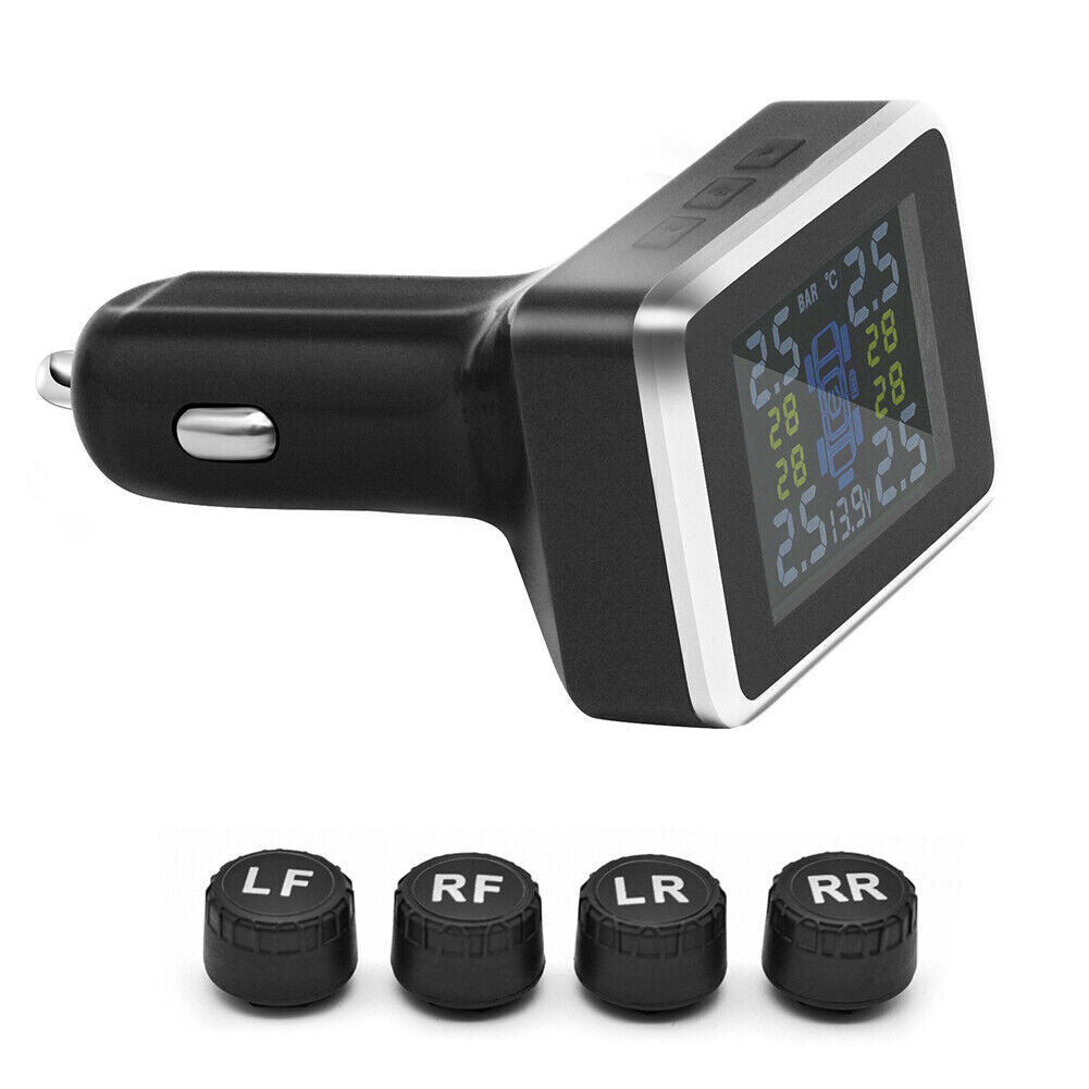 Car Tire Tyre Pressure Monitor USB Lighter TPMS Wireless System + 4 Sensors