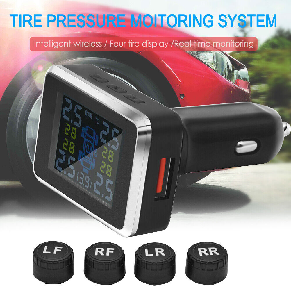 Car Tire Tyre Pressure Monitor USB Lighter TPMS Wireless System + 4 Sensors