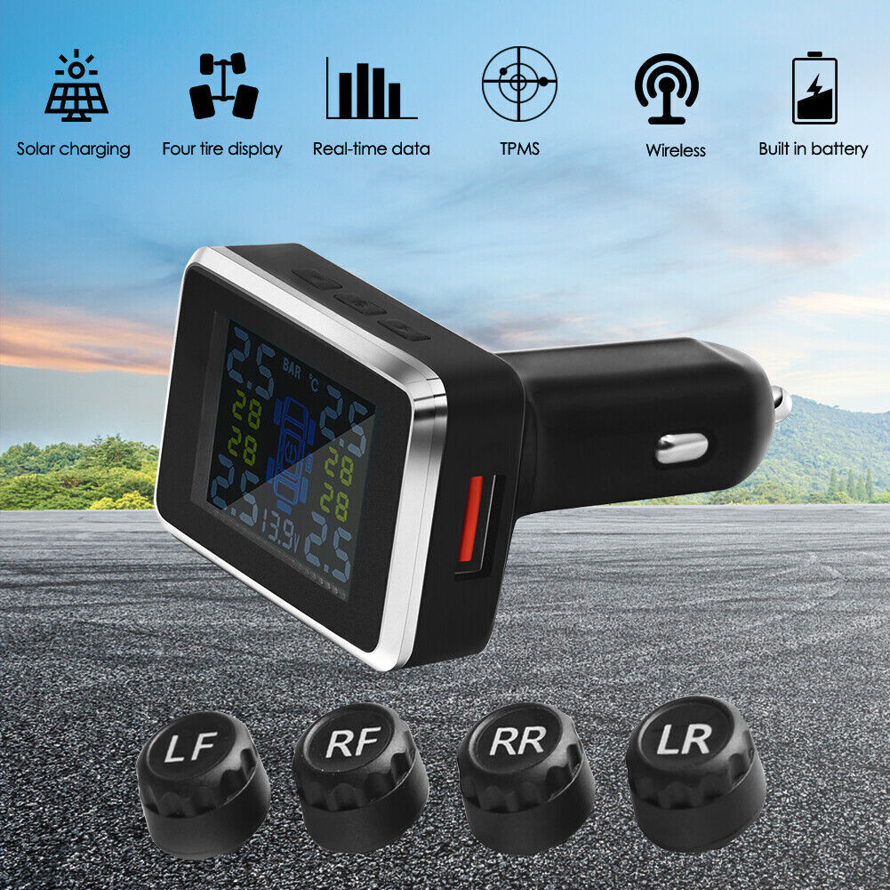 Car Tire Tyre Pressure Monitor USB Lighter TPMS Wireless System + 4 Sensors
