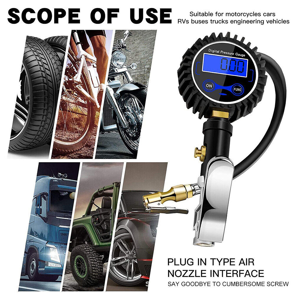 Digital Tyre Inflator Car Air Pressure Tire LED Gauge PSI Hose Car Motorcycle Truck