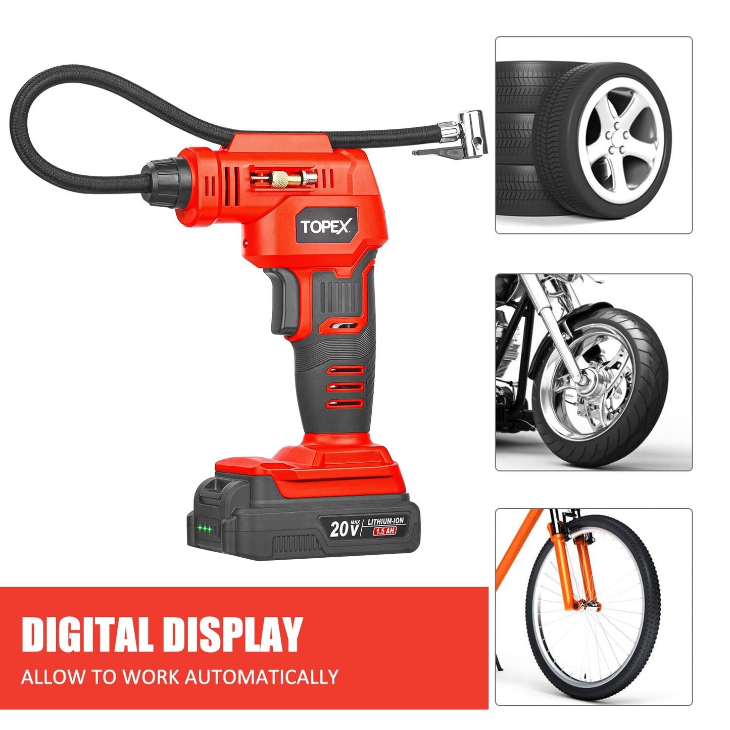 Air Compressor Car Tyre Inflator Digital Pressure Gauge LED Light Cordless 20V