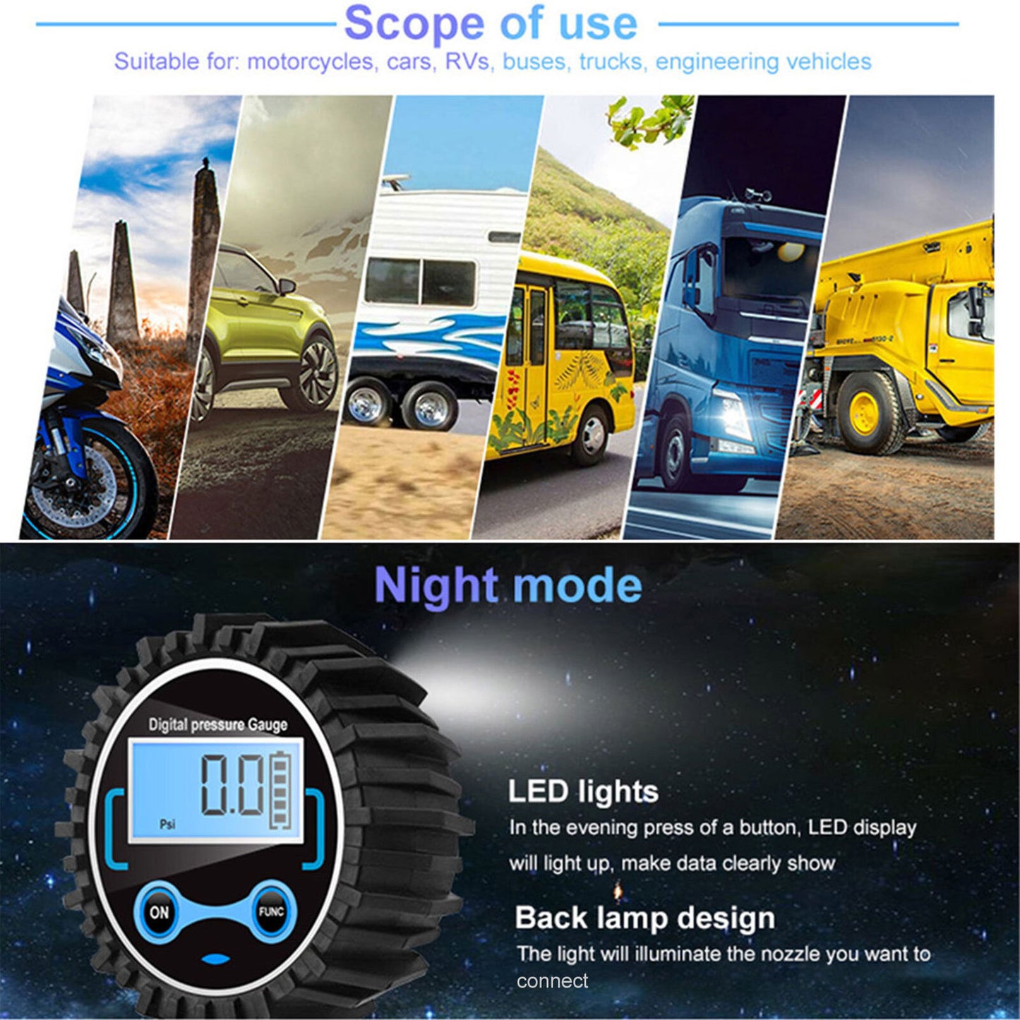 Digital Tyre Inflator Car Air Pressure Tire LED Gauge PSI Hose Car Motorcycle Truck