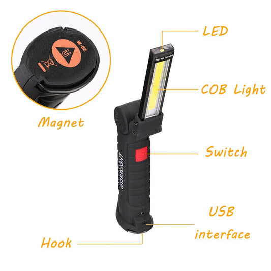 COB LED Cordless Magnetic Work Light USB Inspection Lamp Torch Rechargeable