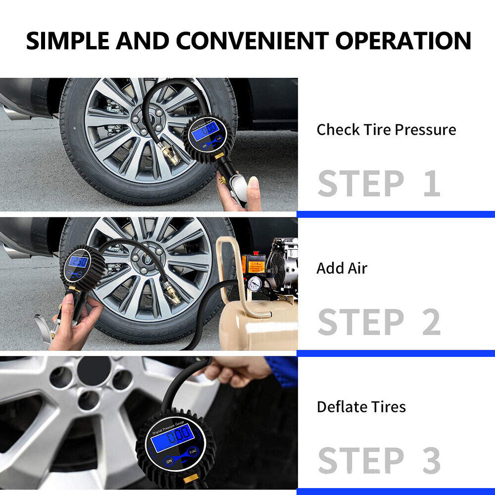 Digital Tyre Inflator Car Air Pressure Tire LED Gauge PSI Hose Car Motorcycle Truck