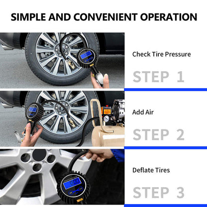 Digital Tyre Inflator Car Air Pressure Tire LED Gauge PSI Hose Car Motorcycle Truck