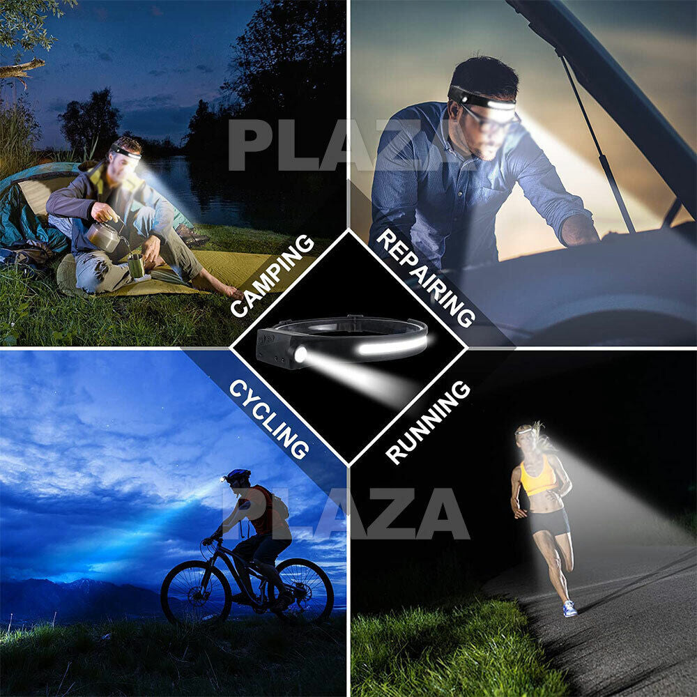 Waterproof COB LED Motion Sensor Head Torch Headlight USB Rechargeable Headlamp