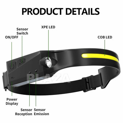 Waterproof COB LED Motion Sensor Head Torch Headlight USB Rechargeable Headlamp
