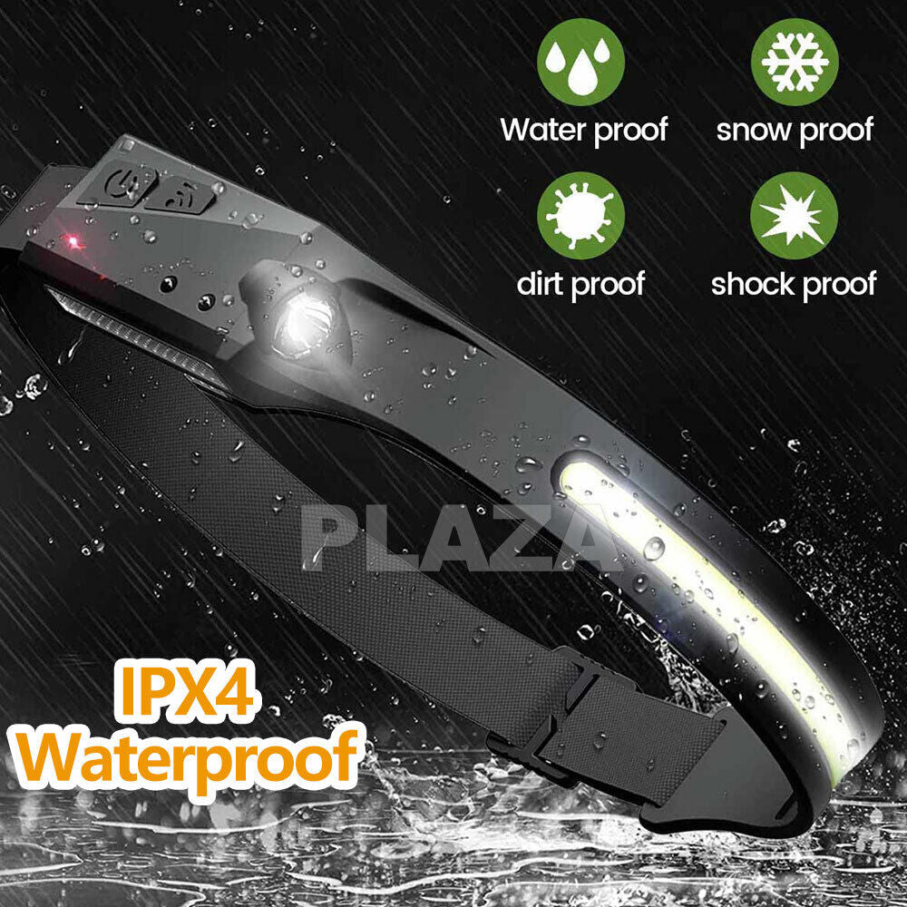 Waterproof COB LED Motion Sensor Head Torch Headlight USB Rechargeable Headlamp