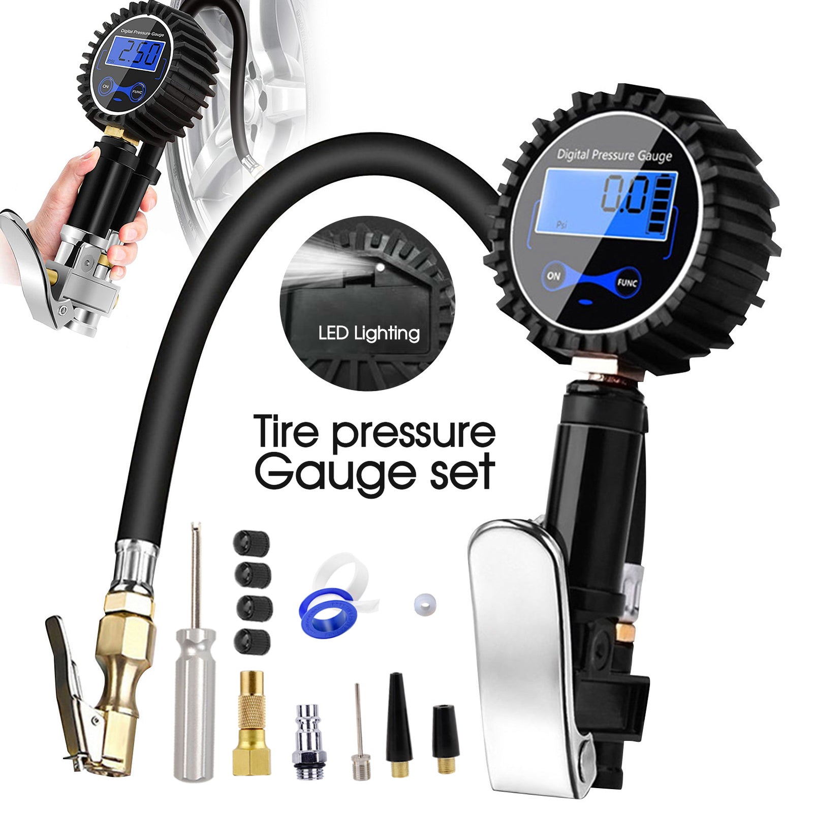 Digital Tyre Inflator Car Air Pressure Tire LED Gauge PSI Hose Car Motorcycle Truck