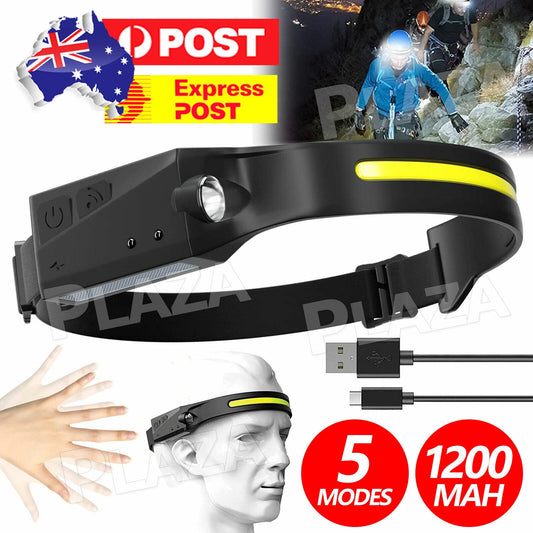 Waterproof COB LED Motion Sensor Head Torch Headlight USB Rechargeable Headlamp