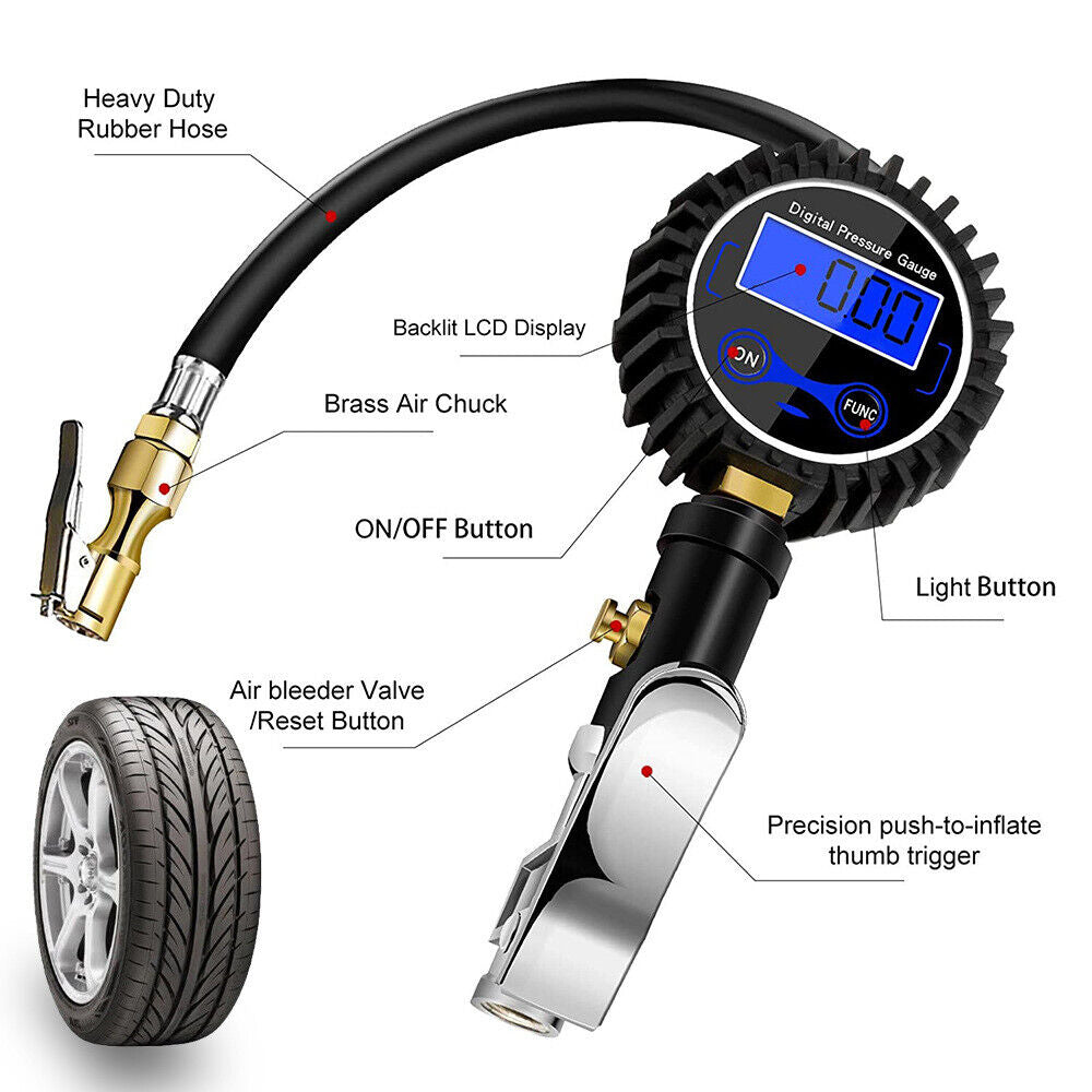 Digital Tyre Inflator Car Air Pressure Tire LED Gauge PSI Hose Car Motorcycle Truck