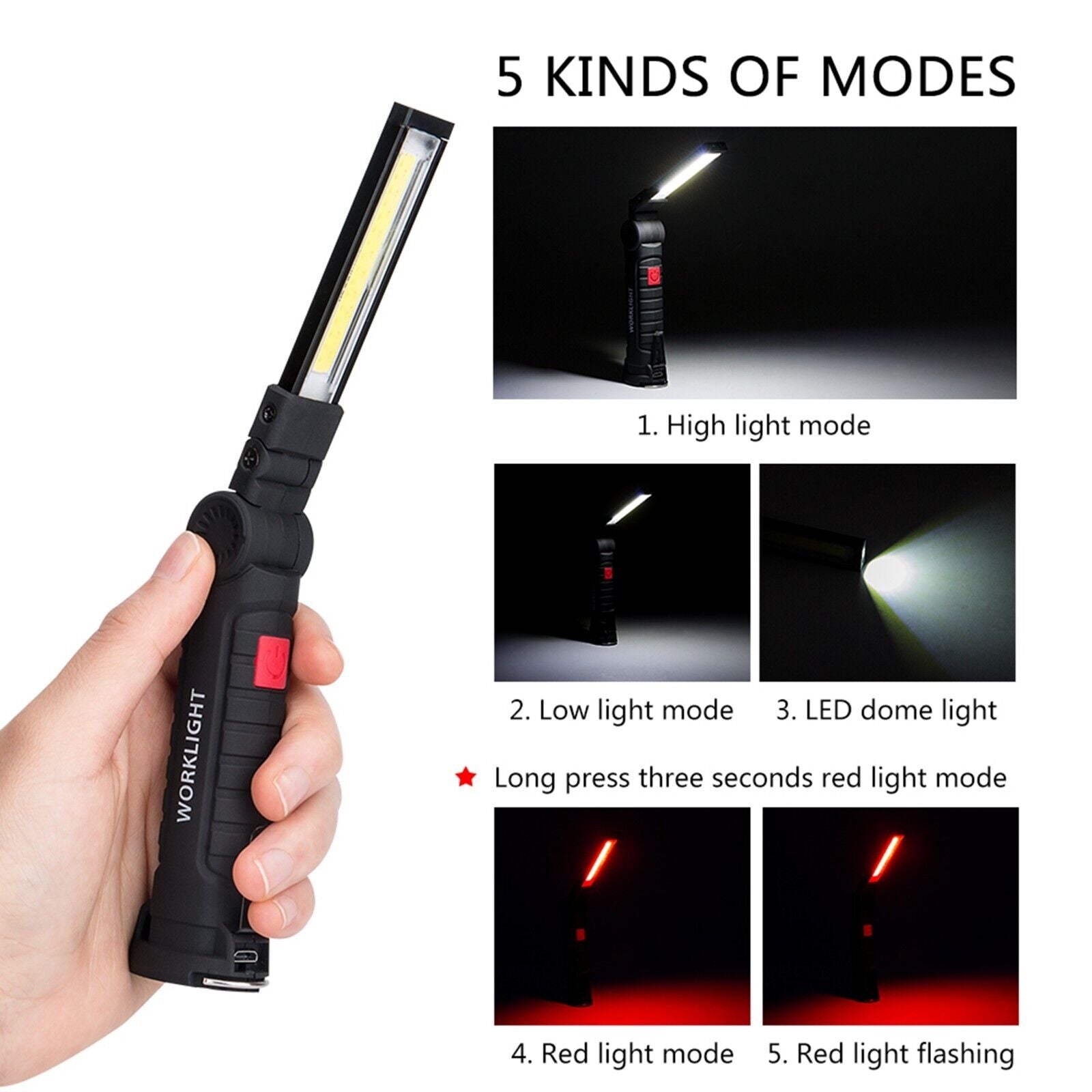 COB LED Cordless Magnetic Work Light USB Inspection Lamp Torch Rechargeable