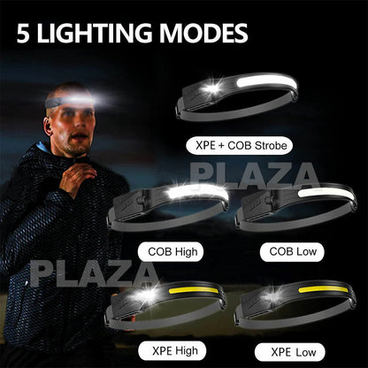 Waterproof COB LED Motion Sensor Head Torch Headlight USB Rechargeable Headlamp