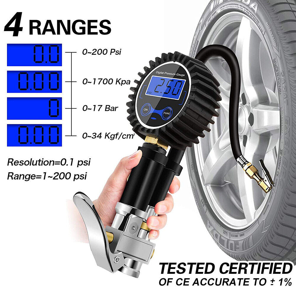 Digital Tyre Inflator Car Air Pressure Tire LED Gauge PSI Hose Car Motorcycle Truck