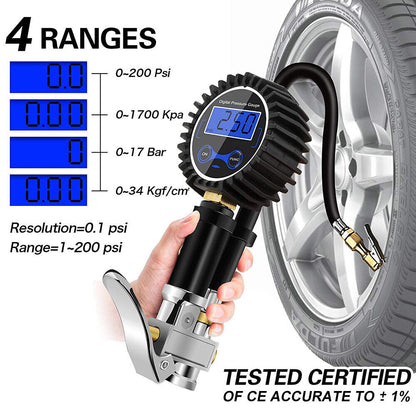 Digital Tyre Inflator Car Air Pressure Tire LED Gauge PSI Hose Car Motorcycle Truck