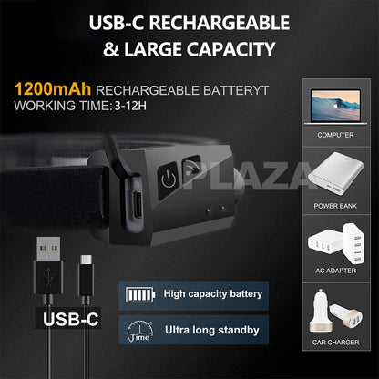 Waterproof COB LED Motion Sensor Head Torch Headlight USB Rechargeable Headlamp