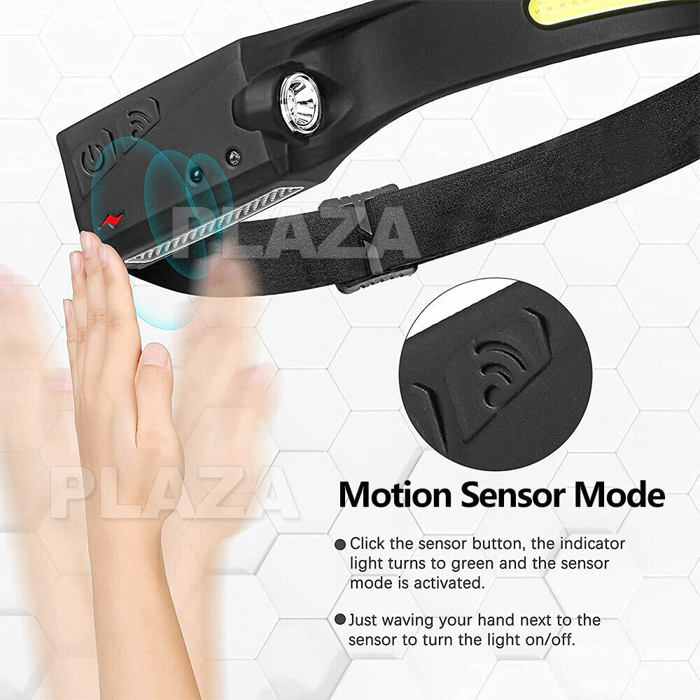 Waterproof COB LED Motion Sensor Head Torch Headlight USB Rechargeable Headlamp